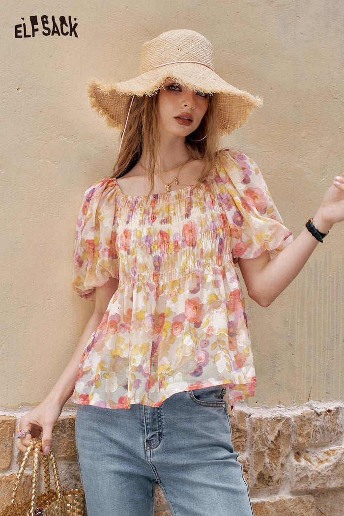 ELFSACK Floral Puff Sleeve French Chiffon Top Resort Summer Blouse