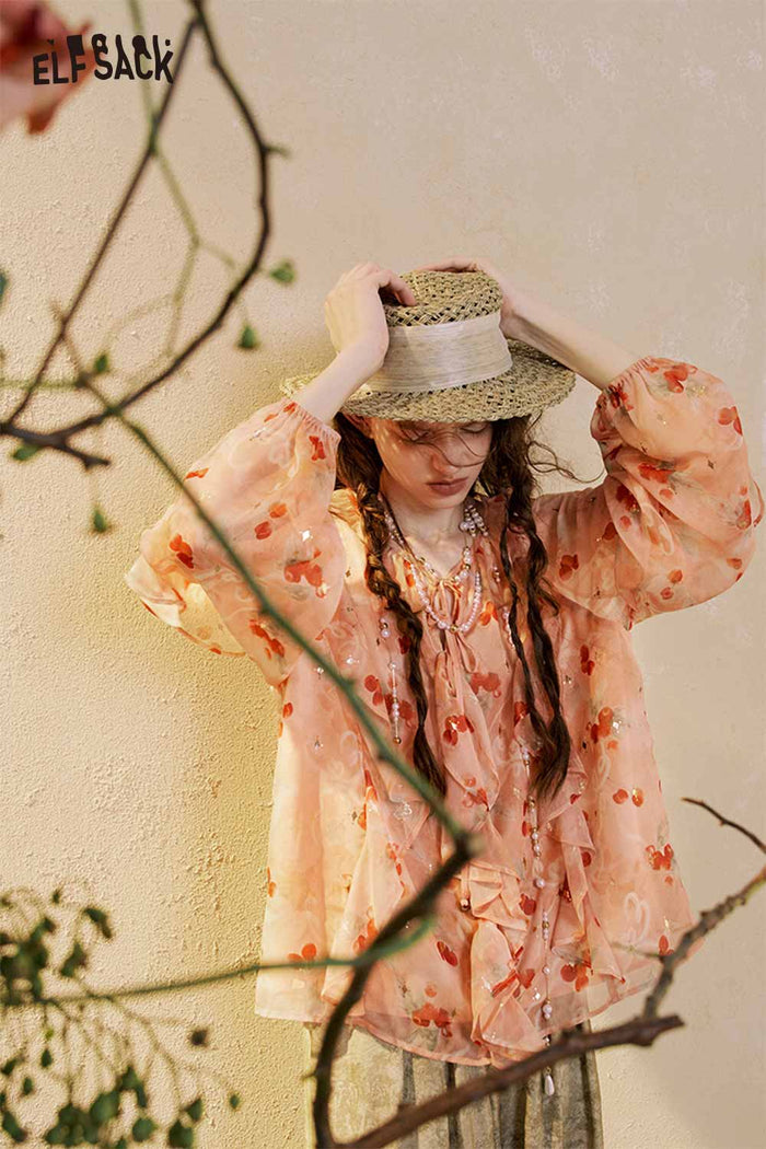 Floral Ruffle V-neck Long Sleeve Blouse