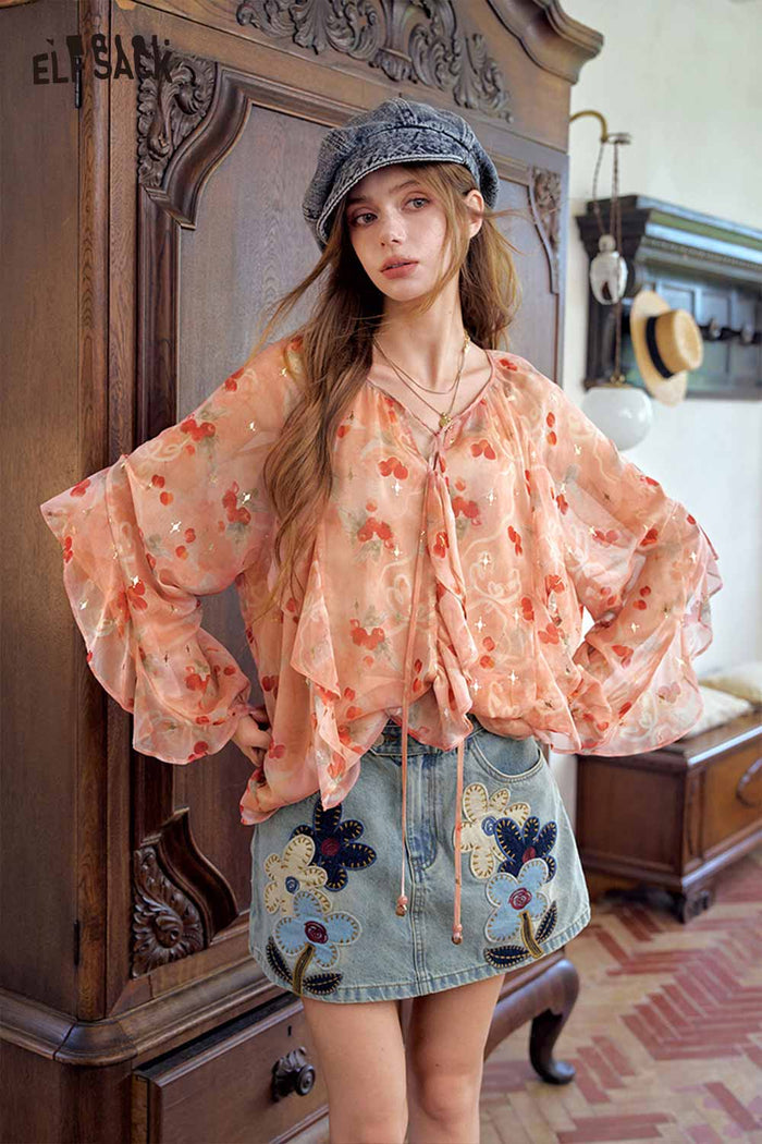 Floral Ruffle V-neck Long Sleeve Blouse