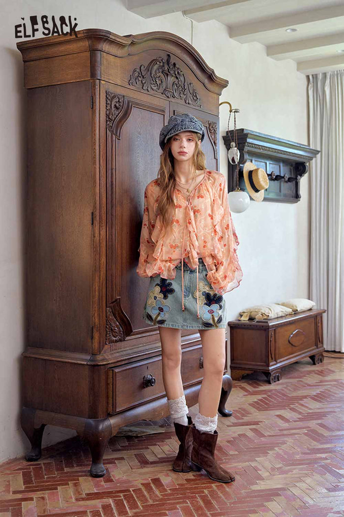 Floral Ruffle V-neck Long Sleeve Blouse
