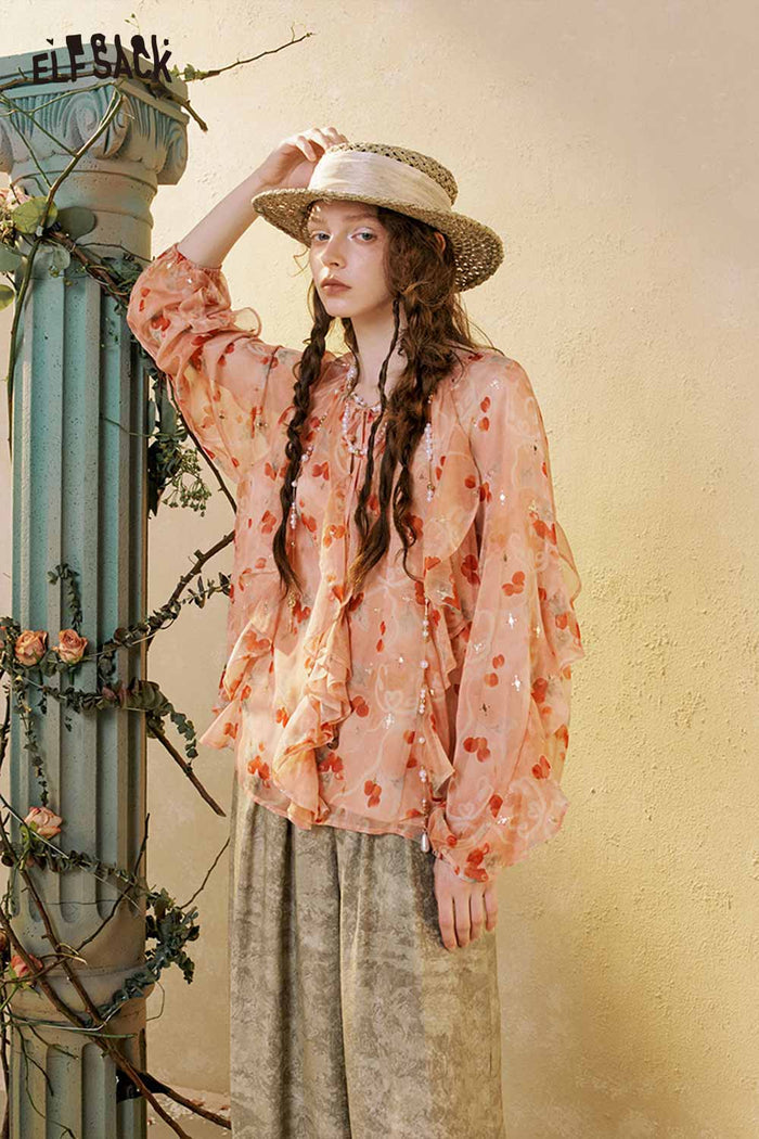 Floral Ruffle V-neck Long Sleeve Blouse