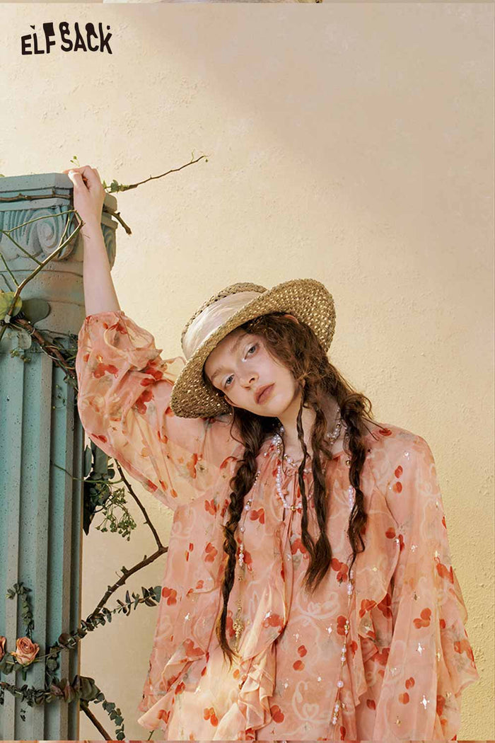 Floral Ruffle V-neck Long Sleeve Blouse