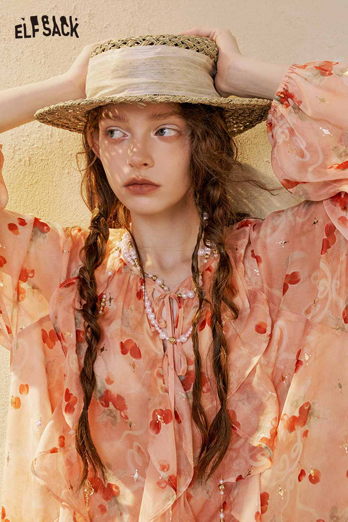 Floral Ruffle V-neck Long Sleeve Blouse