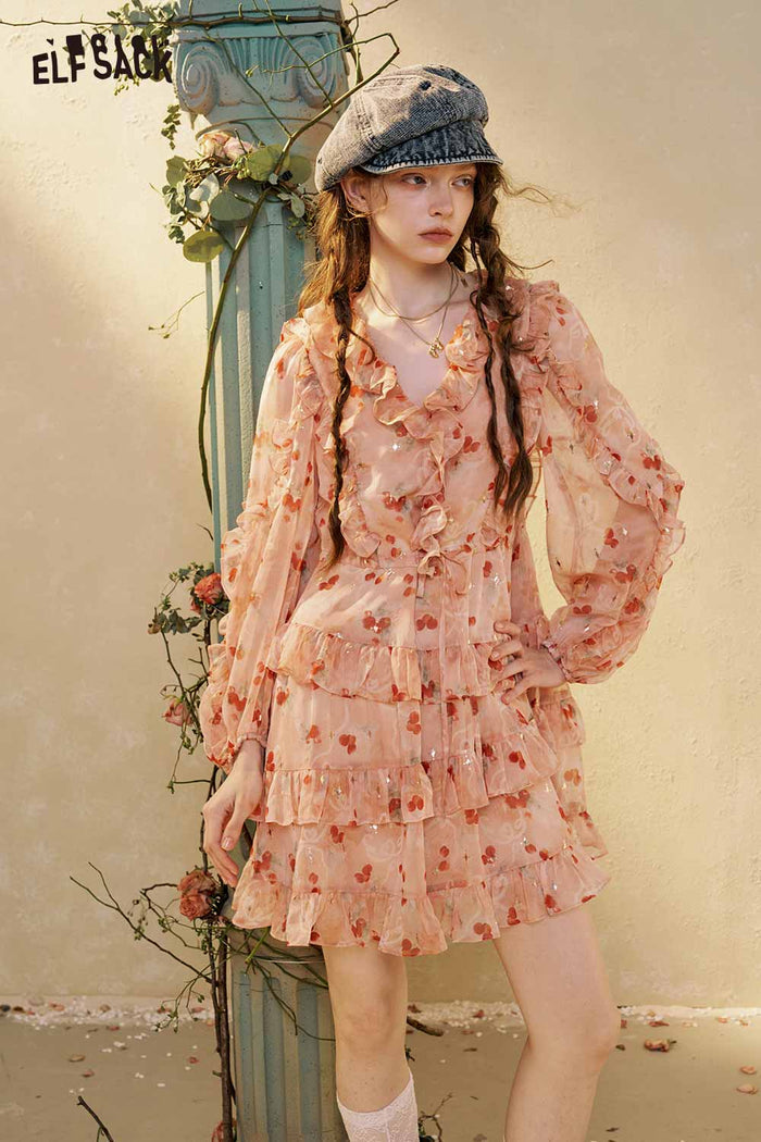 Floral Ruffle V Neck Tiered Mini Dress