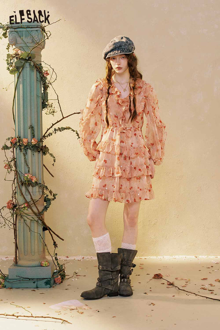 Floral Ruffle V Neck Tiered Mini Dress