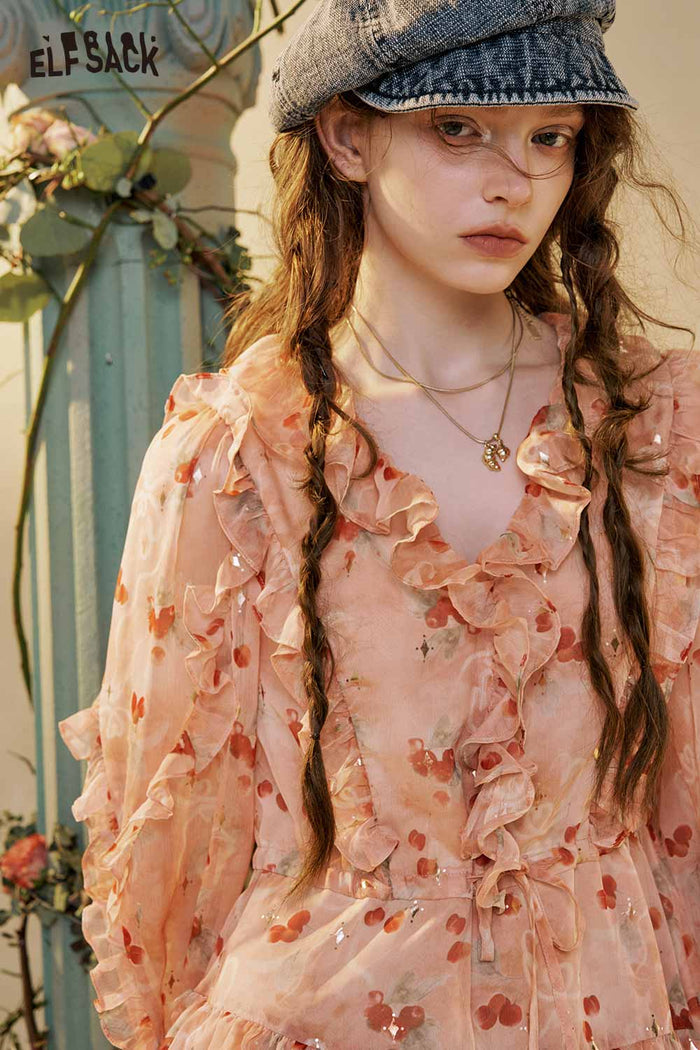 Floral Ruffle V Neck Tiered Mini Dress