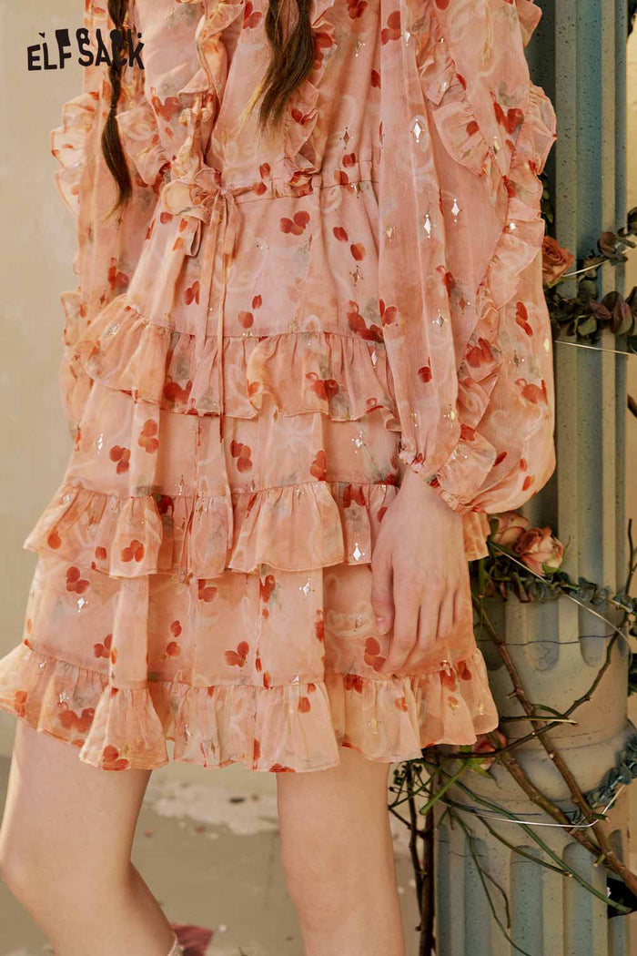 Floral Ruffle V Neck Tiered Mini Dress