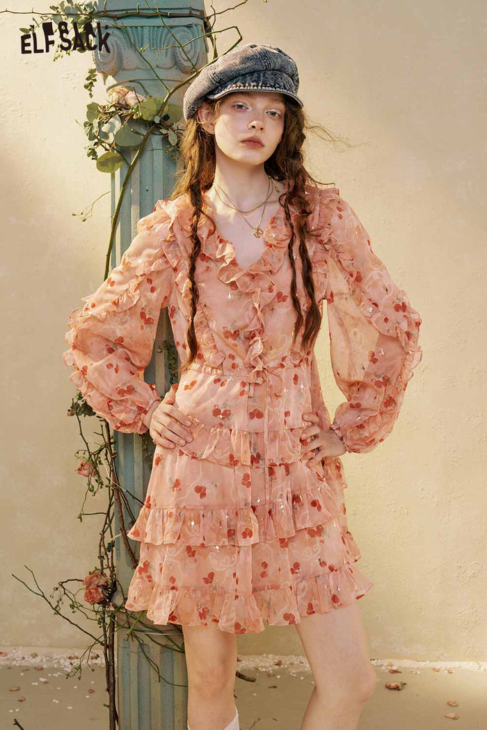 Floral Ruffle V Neck Tiered Mini Dress