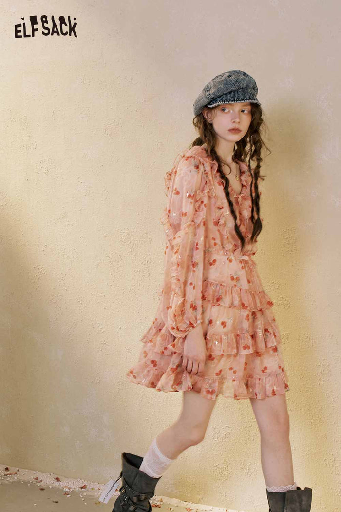 Floral Ruffle V Neck Tiered Mini Dress