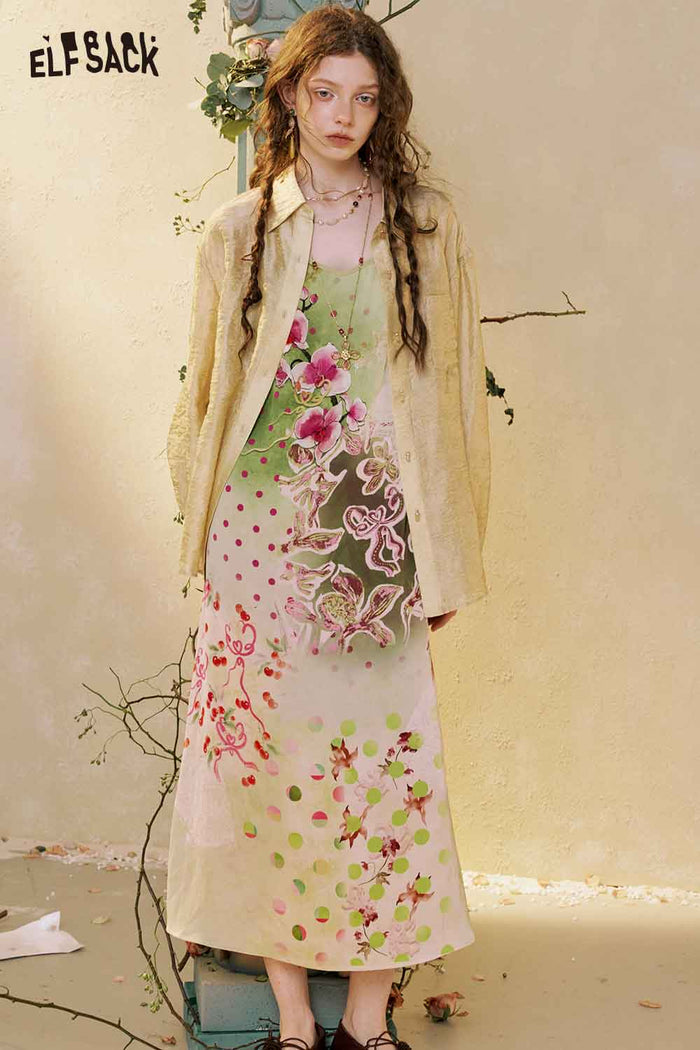ELFSACK Floral Slip Dress Lace Shirt Set
