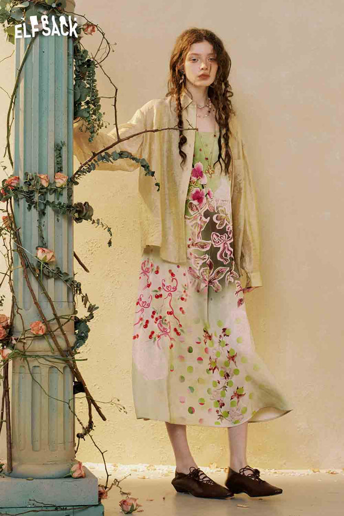 ELFSACK Floral Slip Dress Lace Shirt Set