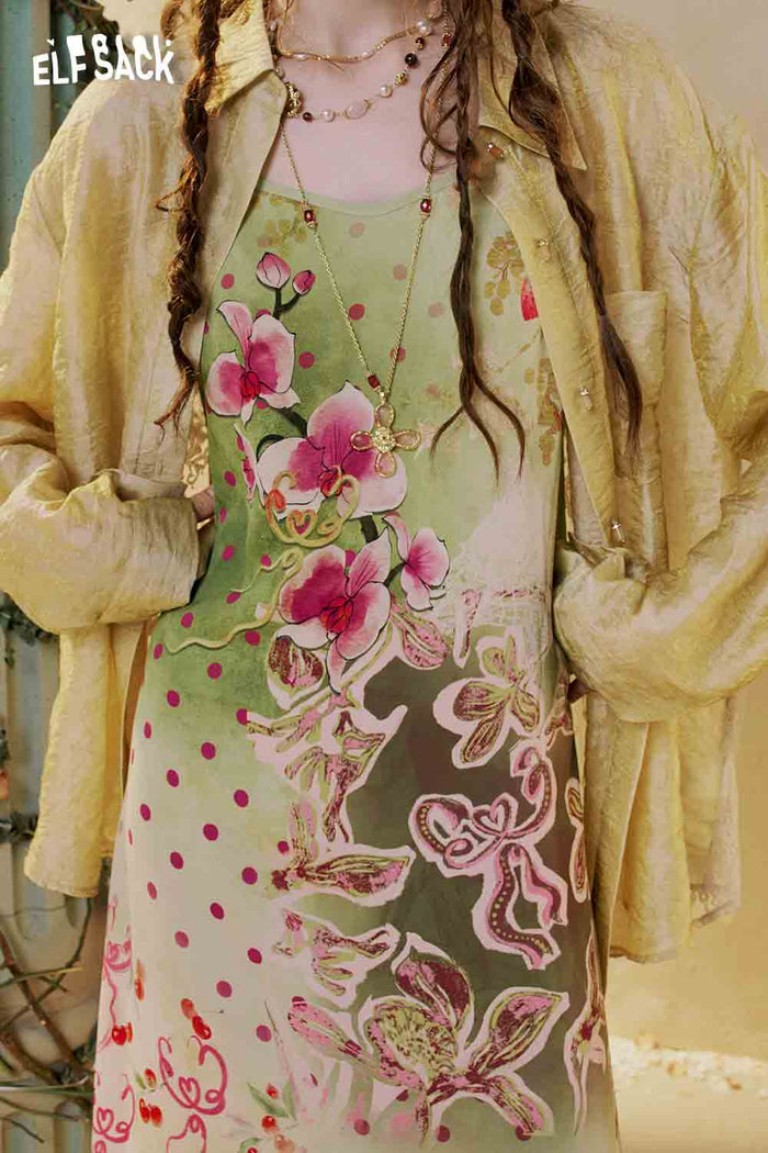 ELFSACK Floral Slip Dress Lace Shirt Set