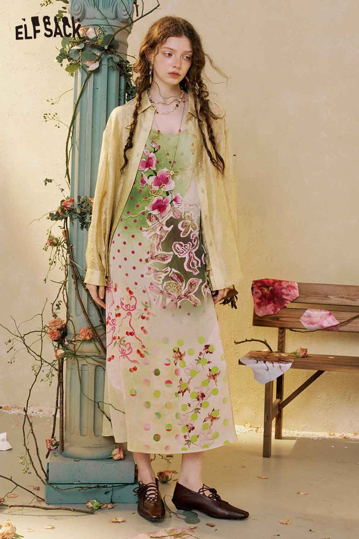 ELFSACK Floral Slip Dress Lace Shirt Set