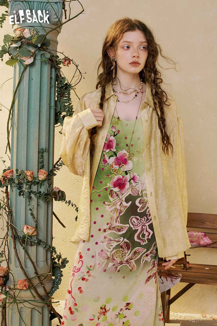 ELFSACK Floral Slip Dress Lace Shirt Set