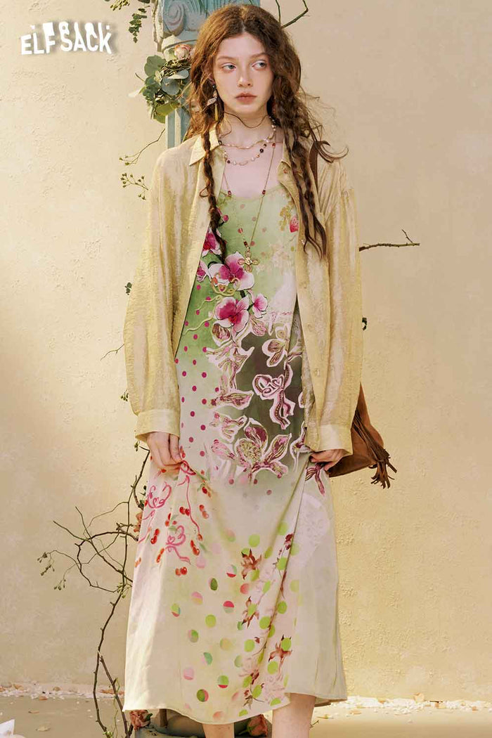 ELFSACK Floral Slip Dress Lace Shirt Set