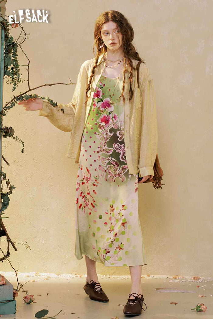 ELFSACK Floral Slip Dress Lace Shirt Set