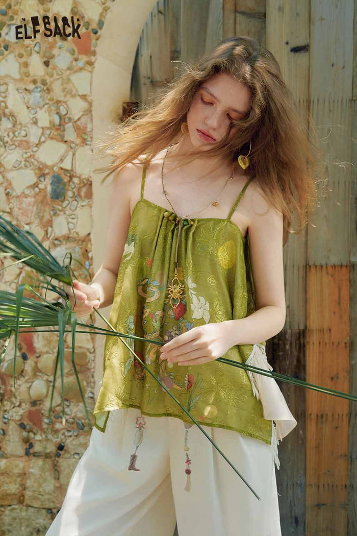 ELFSACK Floral Snake Fringe Irregular Cami Top