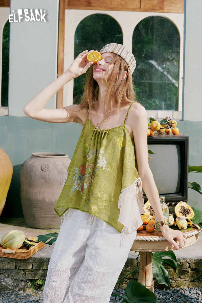 ELFSACK Floral Snake Fringe Irregular Cami Top