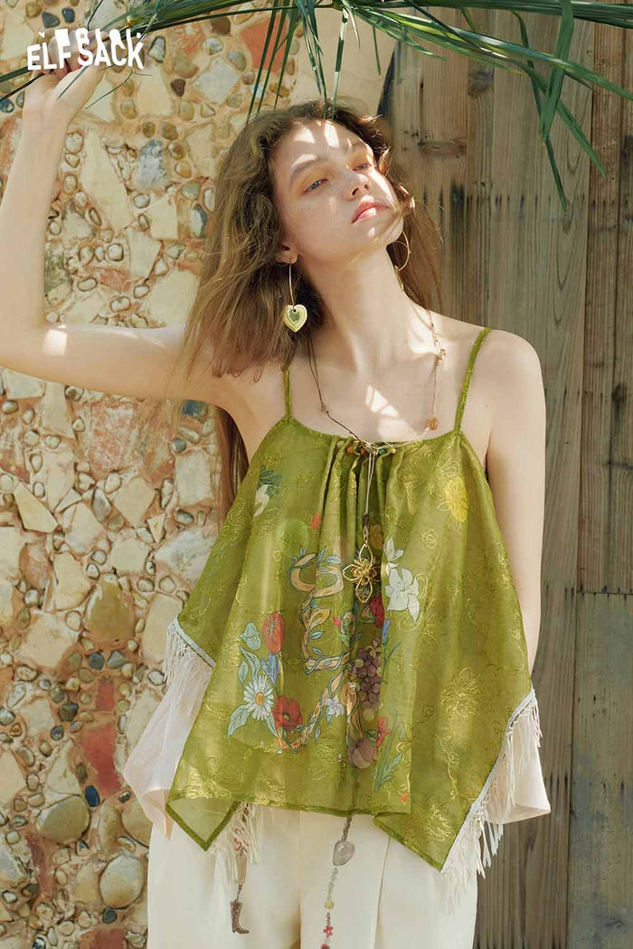 ELFSACK Floral Snake Fringe Irregular Cami Top