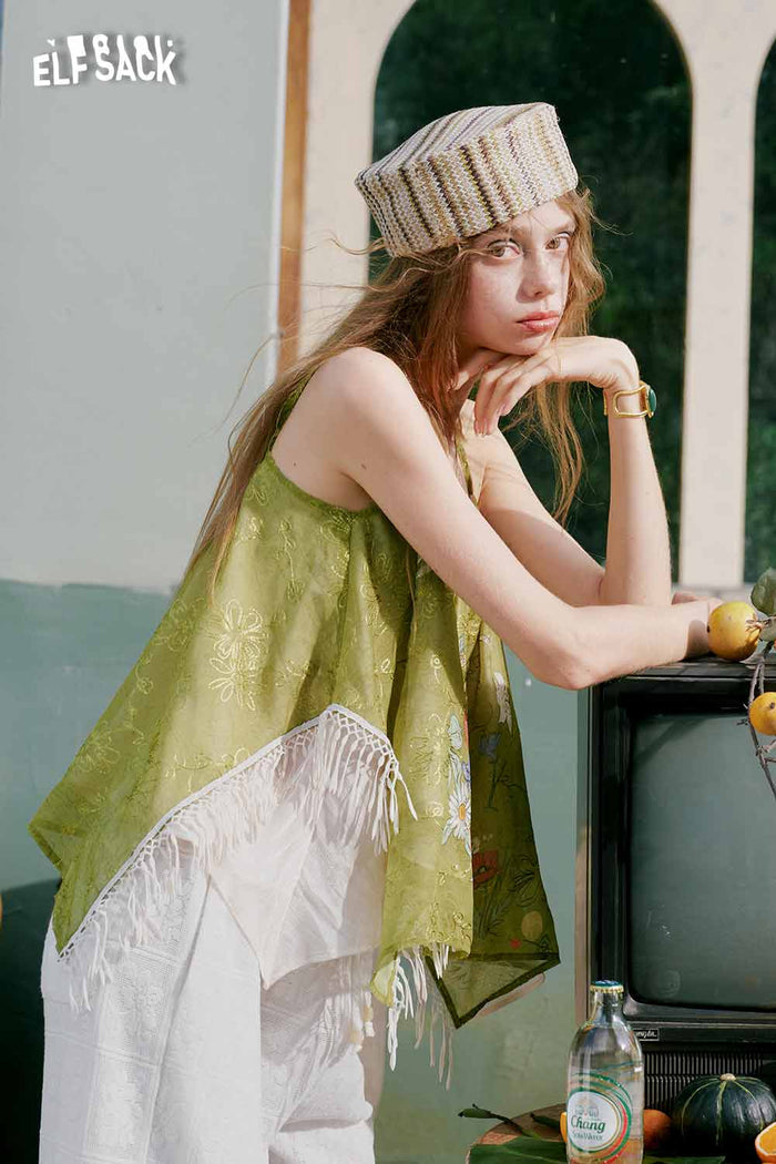 ELFSACK Floral Snake Fringe Irregular Cami Top