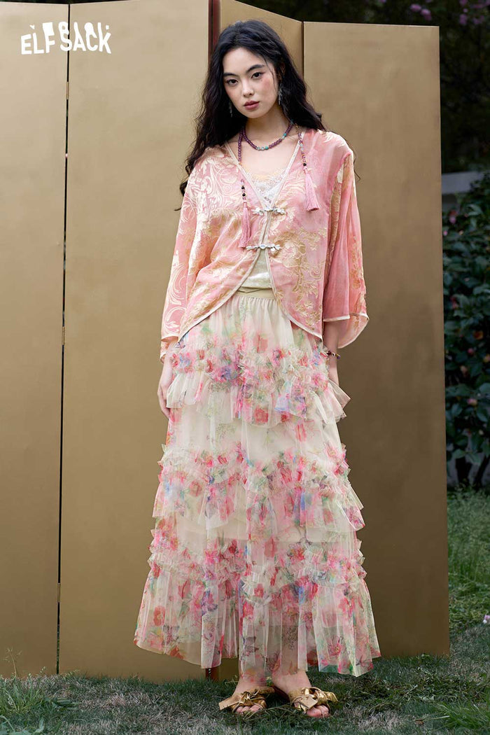 ELFSACK Floral Tiered Chiffon Maxi Skirt