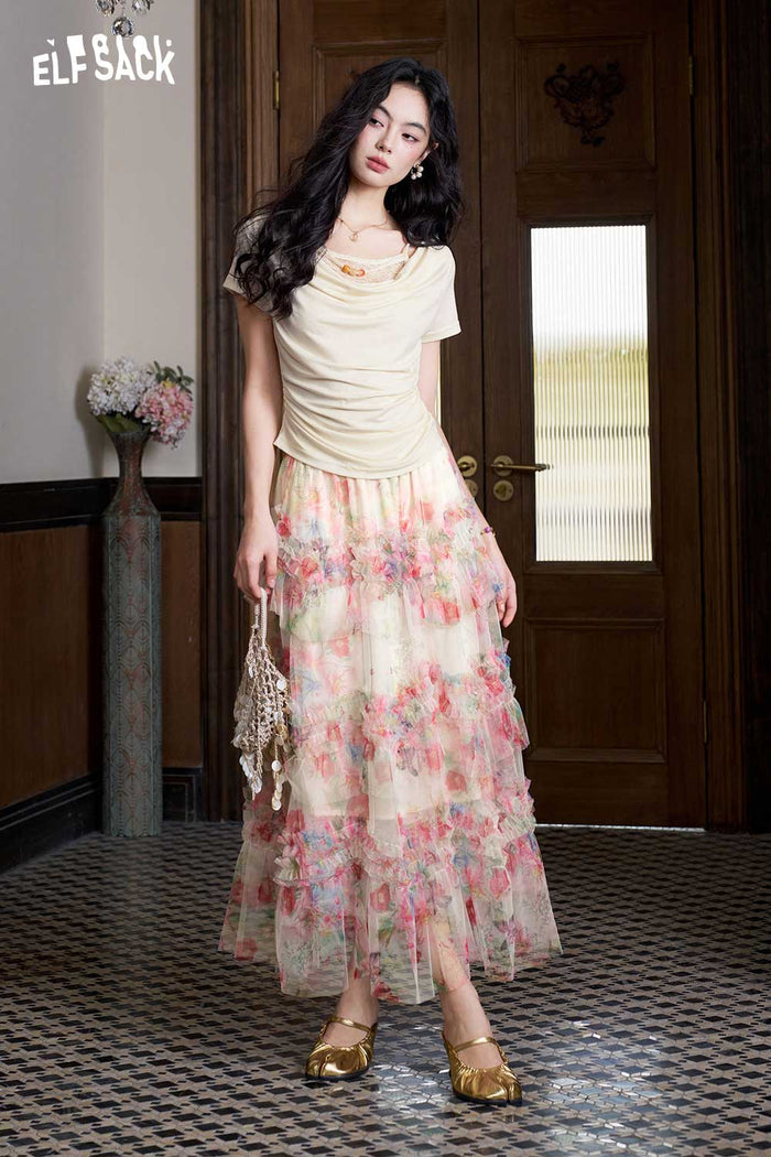 ELFSACK Floral Tiered Chiffon Maxi Skirt
