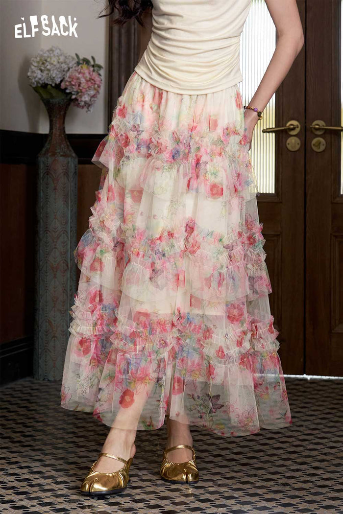 ELFSACK Floral Tiered Chiffon Maxi Skirt