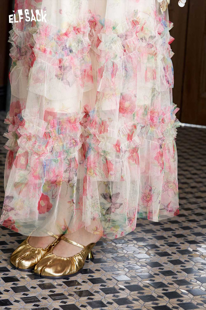 ELFSACK Floral Tiered Chiffon Maxi Skirt