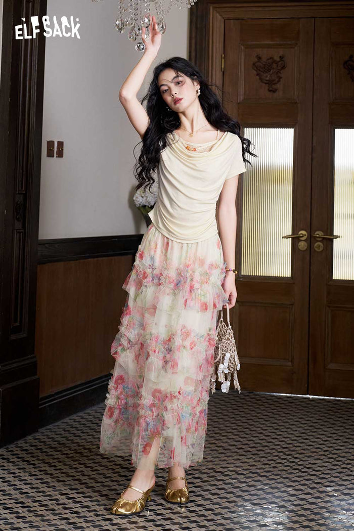 ELFSACK Floral Tiered Chiffon Maxi Skirt
