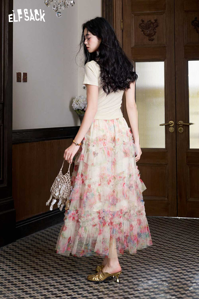 ELFSACK Floral Tiered Chiffon Maxi Skirt