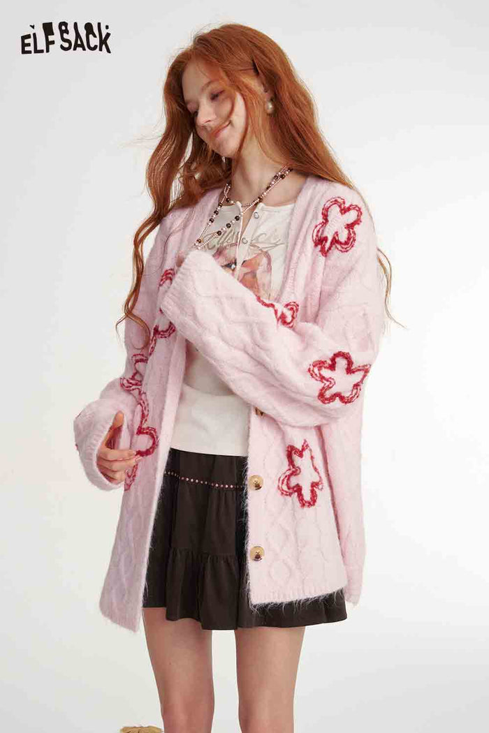 Flower Print V-Neck Knit Cardigan