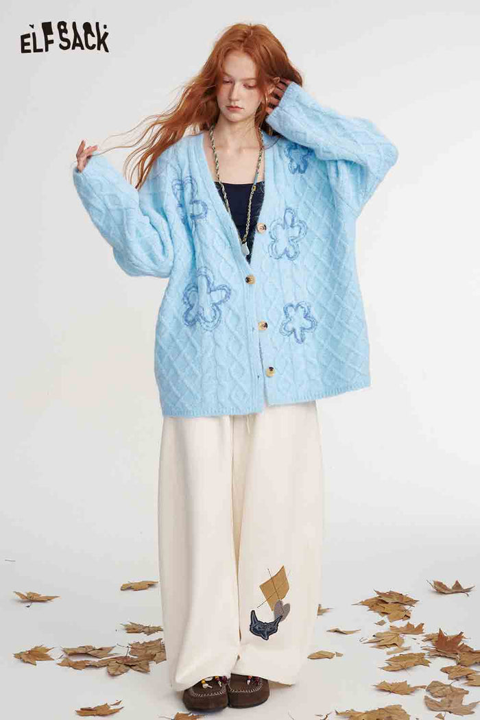 Flower Print V-Neck Knit Cardigan