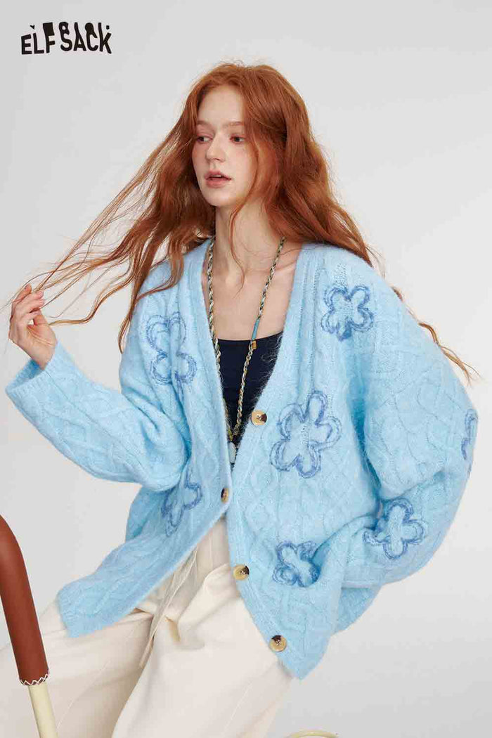 Flower Print V-Neck Knit Cardigan