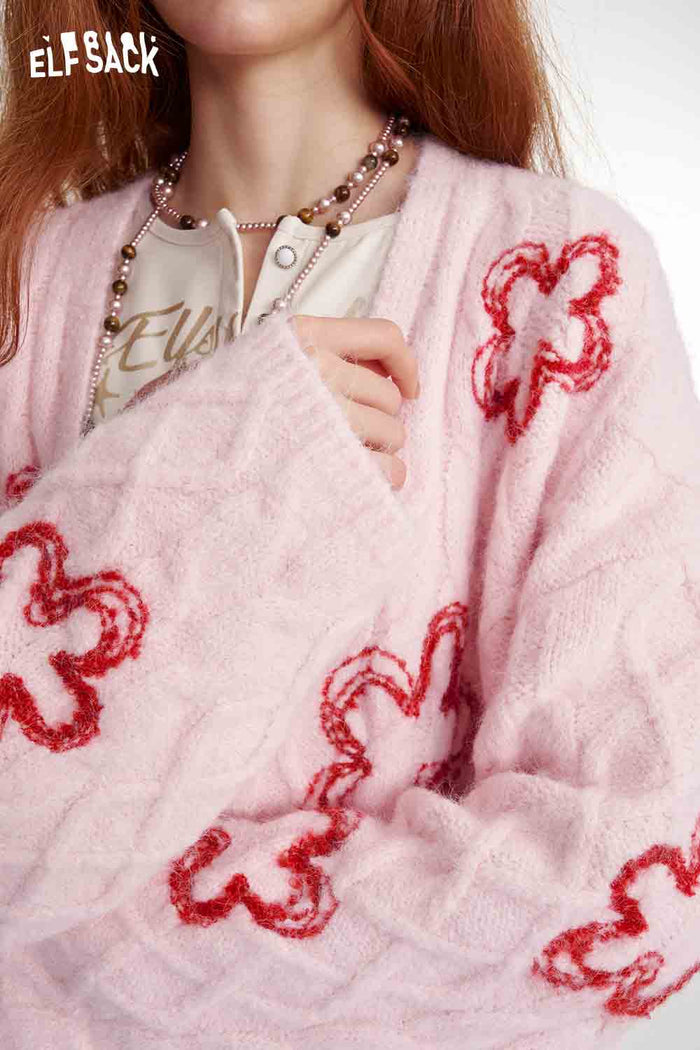 Flower Print V-Neck Knit Cardigan