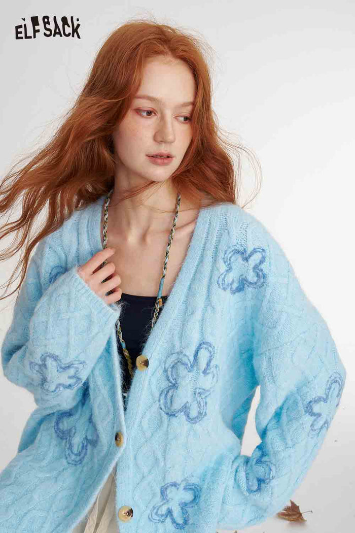 Flower Print V-Neck Knit Cardigan