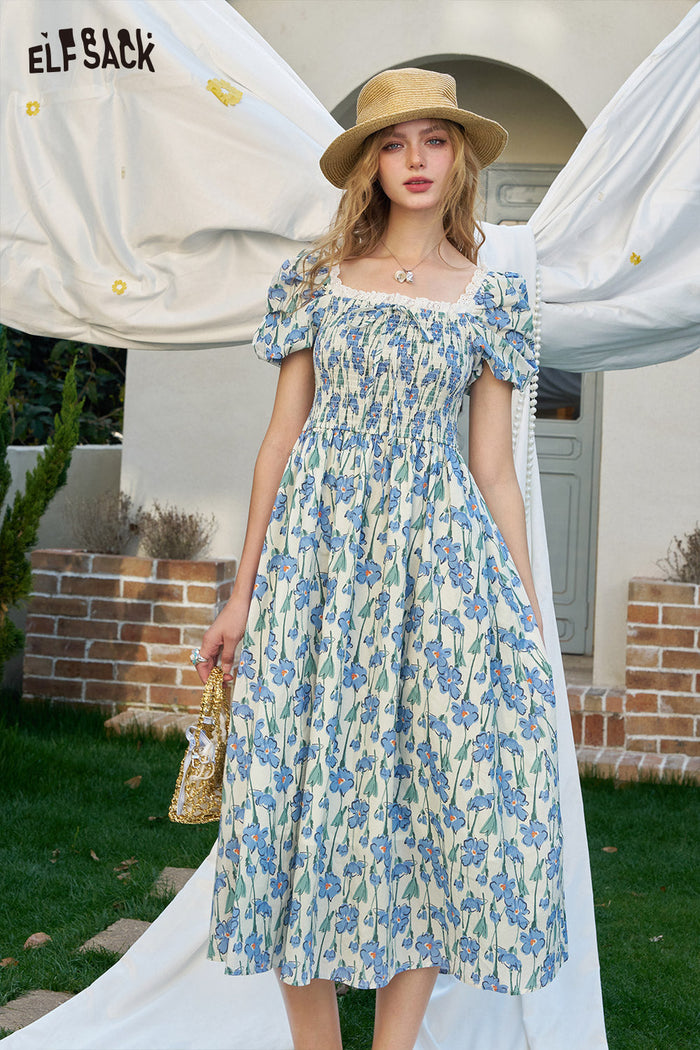 ELFSACK French Floral Waist Cinching Chic Dress