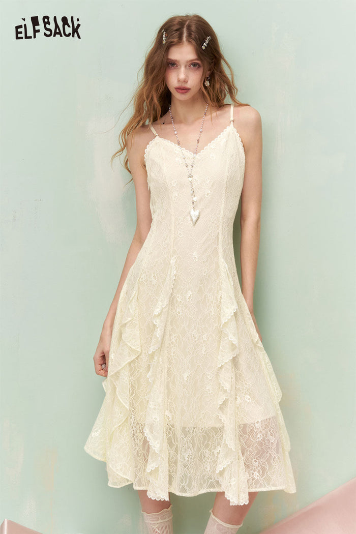 ELFSACK French Soft Lace Asymmetrical Ruffle Sleeveless Dress