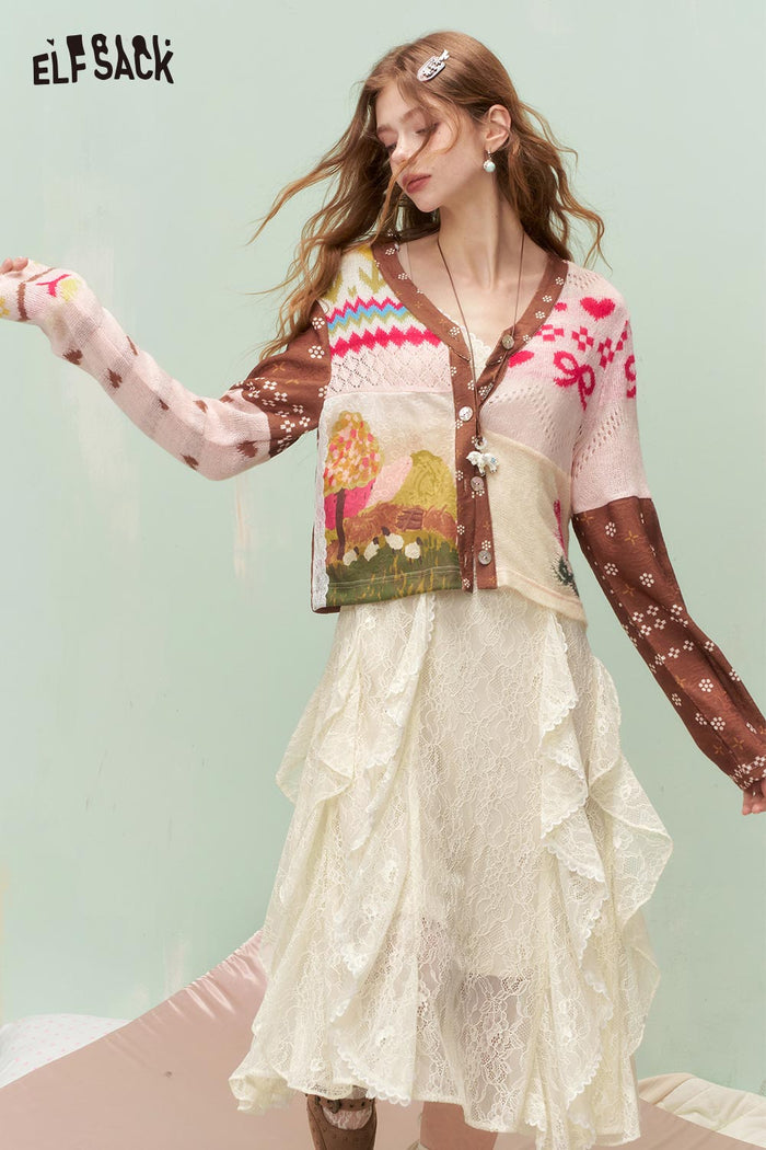 ELFSACK French Soft Lace Asymmetrical Ruffle Sleeveless Dress