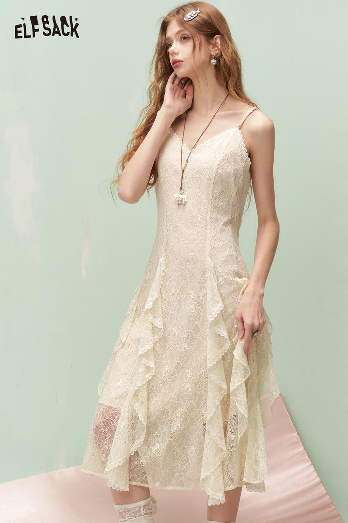 ELFSACK French Soft Lace Asymmetrical Ruffle Sleeveless Dress