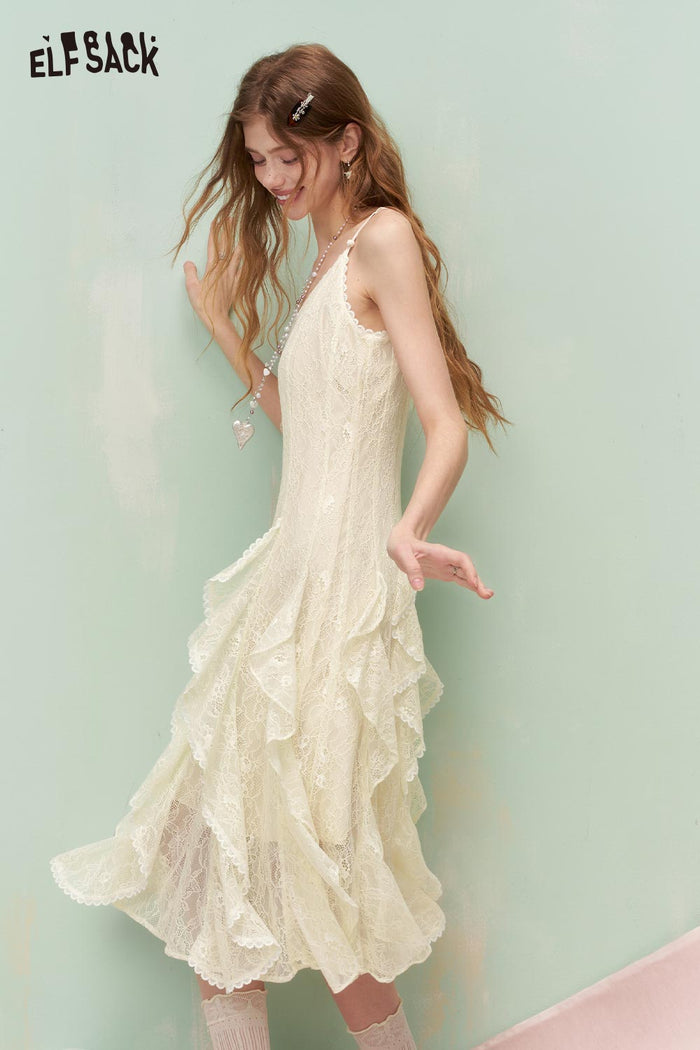 ELFSACK French Soft Lace Asymmetrical Ruffle Sleeveless Dress
