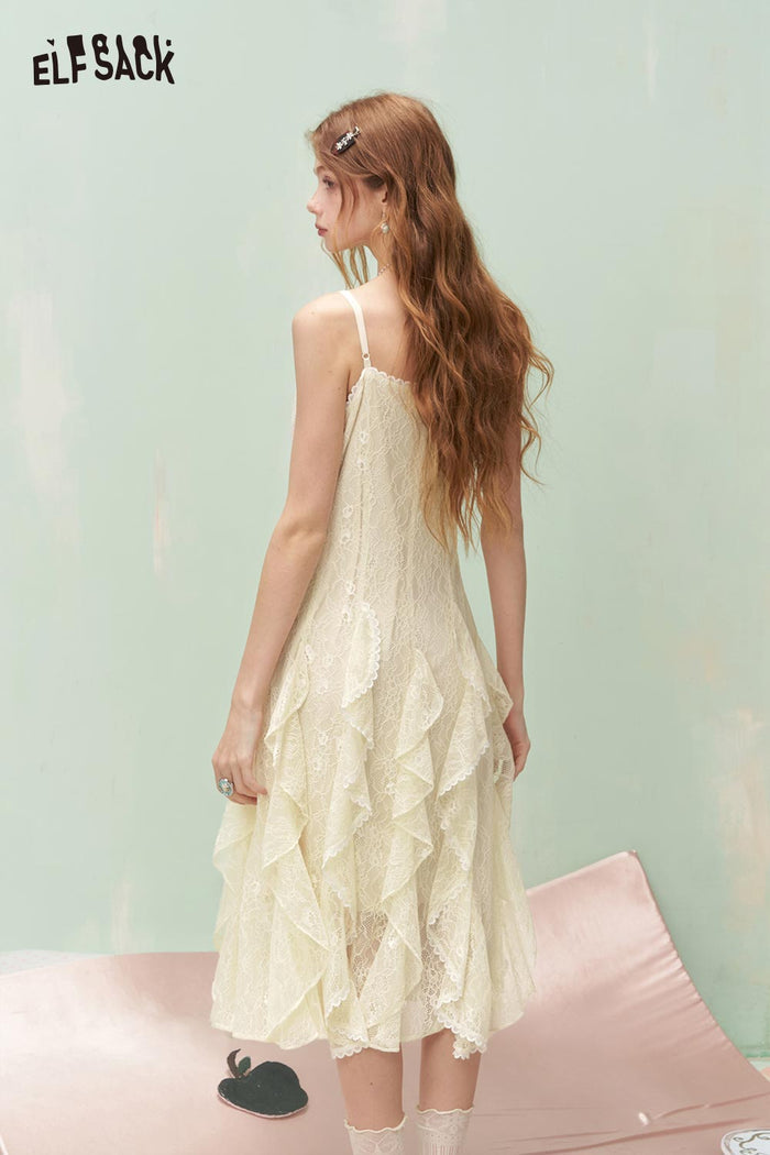 ELFSACK French Soft Lace Asymmetrical Ruffle Sleeveless Dress