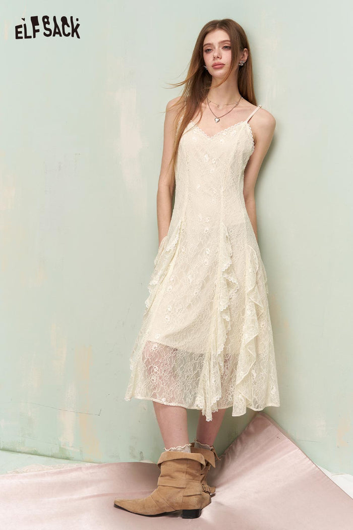ELFSACK French Soft Lace Asymmetrical Ruffle Sleeveless Dress