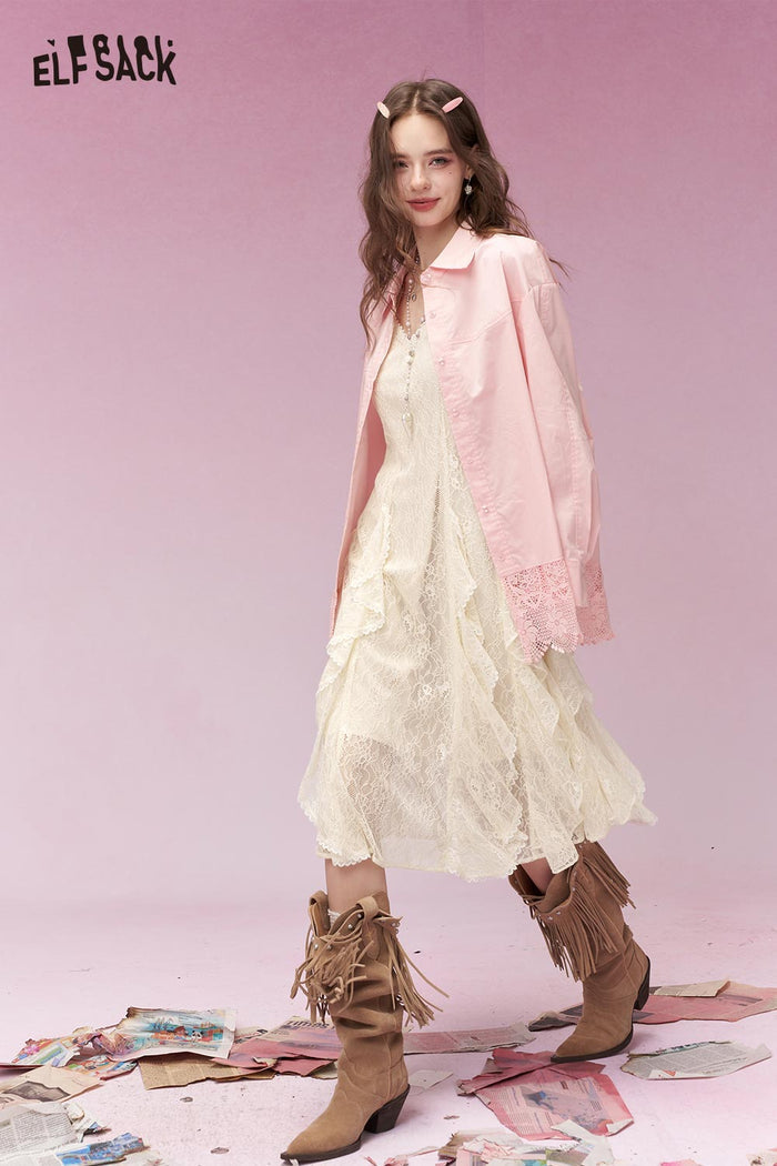 ELFSACK French Soft Lace Asymmetrical Ruffle Sleeveless Dress