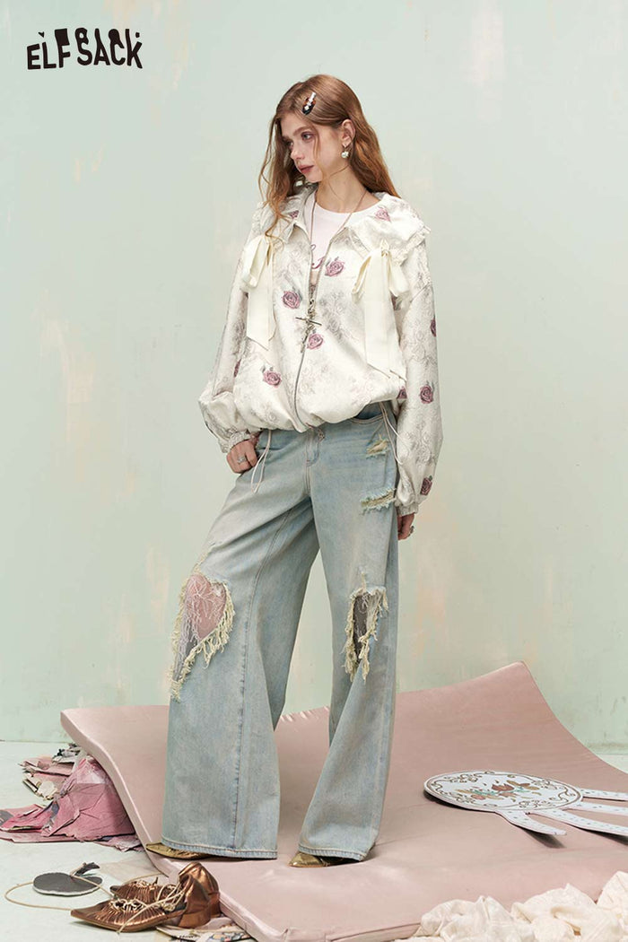 ELFSACK French Sweet Girly Rose Jacquard Bow Ruffle Lapel Jacket