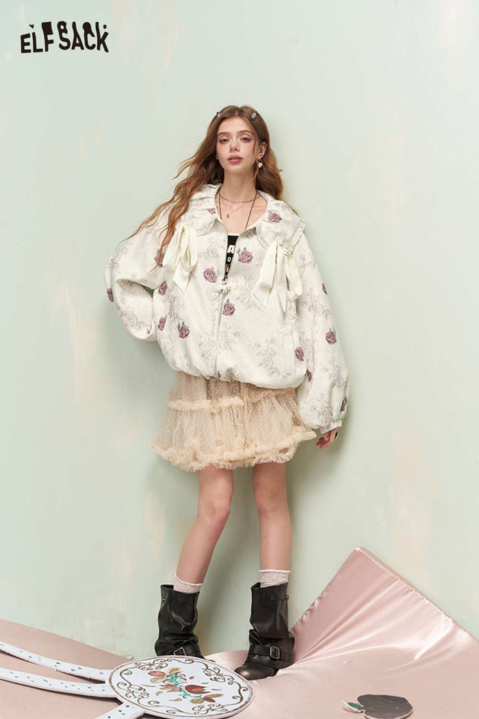 ELFSACK French Sweet Girly Rose Jacquard Bow Ruffle Lapel Jacket