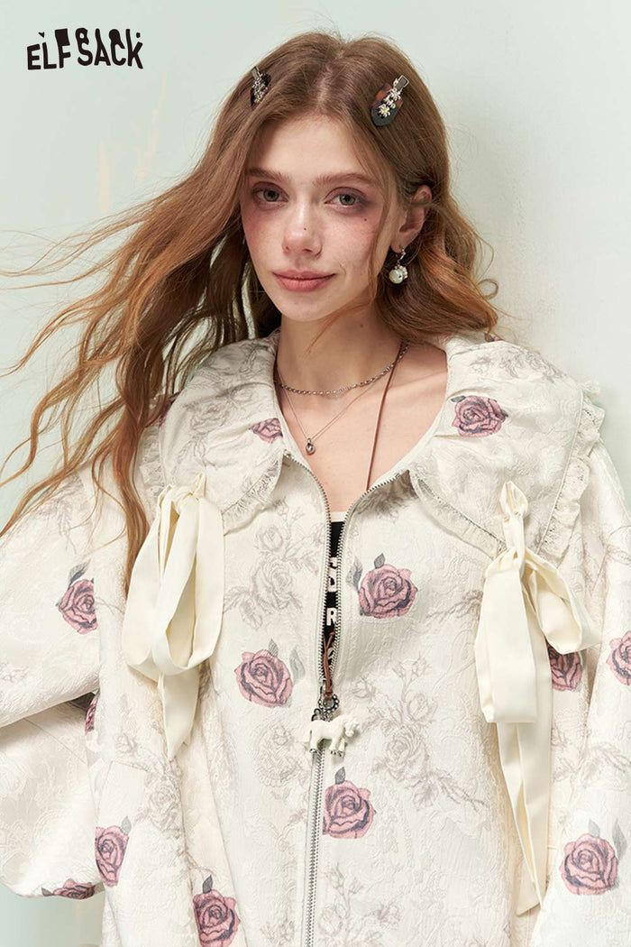 ELFSACK French Sweet Girly Rose Jacquard Bow Ruffle Lapel Jacket