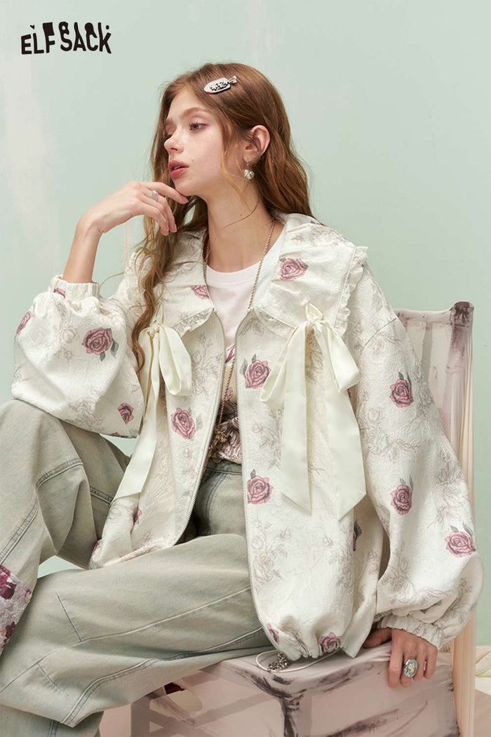 ELFSACK French Sweet Girly Rose Jacquard Bow Ruffle Lapel Jacket