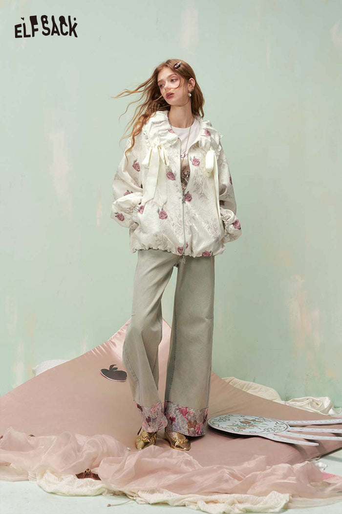 ELFSACK French Sweet Girly Rose Jacquard Bow Ruffle Lapel Jacket