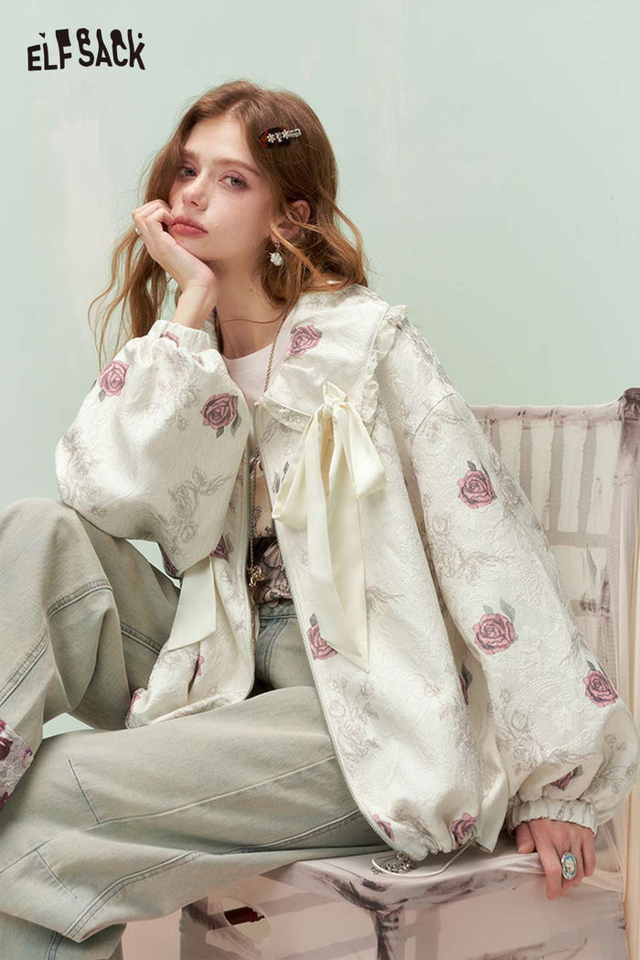 ELFSACK French Sweet Girly Rose Jacquard Bow Ruffle Lapel Jacket