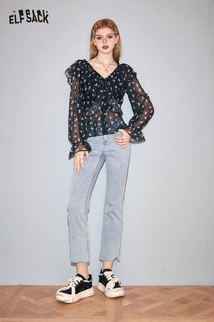ELFSACK French V Neck Black Floral Chiffon Blouse